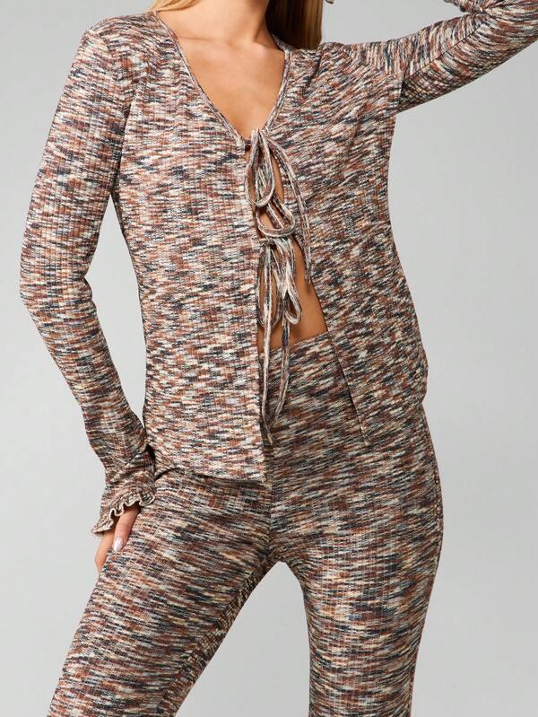 MISSGUIDED Marled Knit Tie Front Cardigan With Flare Pants Set