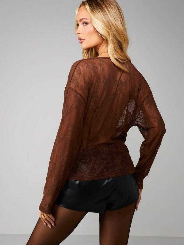 MISSGUIDED Mesh Cowl Neck Long Sleeve Top
