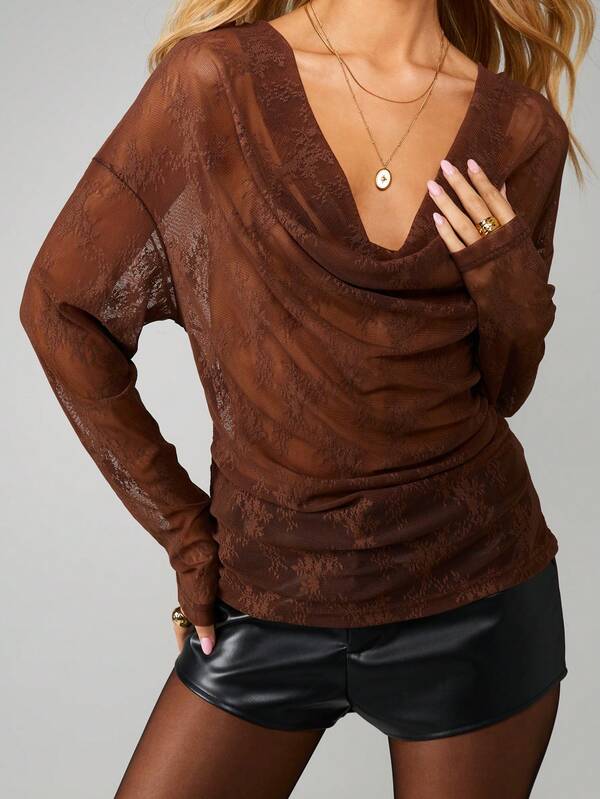 MISSGUIDED Mesh Cowl Neck Long Sleeve Top