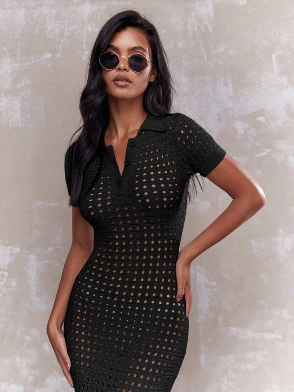MISSGUIDED Mesh Crochet Buttoned Shirt Maxi Dress