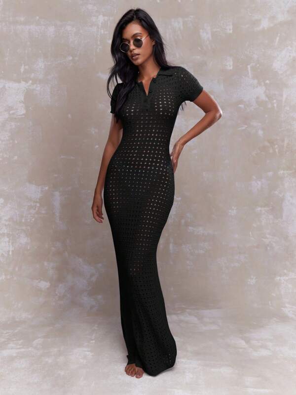 MISSGUIDED Mesh Crochet Buttoned Shirt Maxi Dress