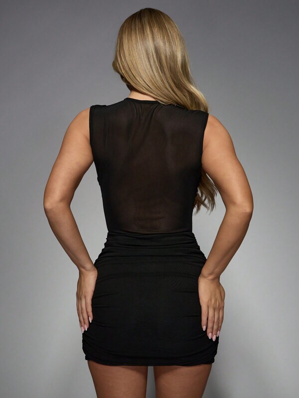 MISSGUIDED Mesh Insert Ruched Bodycon Little Black Mini Dress