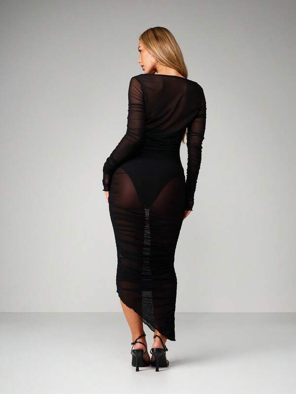 MISSGUIDED Mesh Long Sleeve Midaxi Bodycon Dress