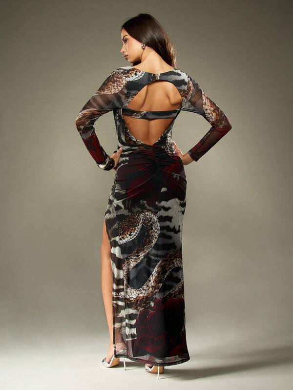 MISSGUIDED Mesh Long Sleeve Snake Print Maxi Dress With Cut Outs