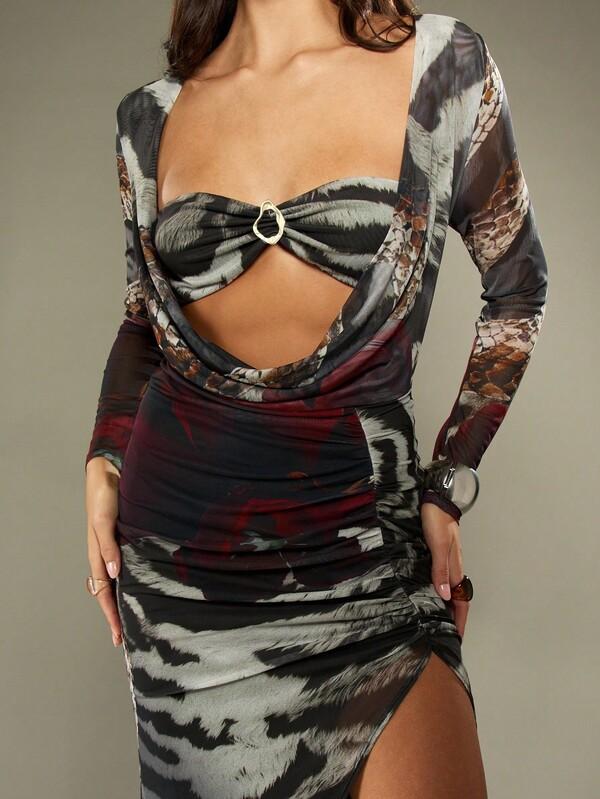 MISSGUIDED Mesh Long Sleeve Snake Print Maxi Dress With Cut Outs