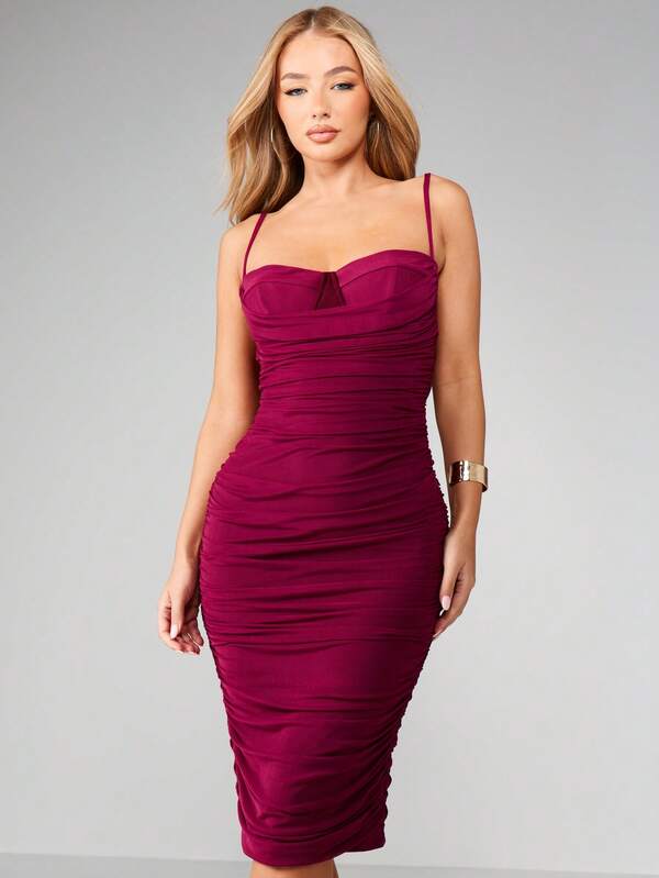 MISSGUIDED Mesh Overlay Ruched Sweetheart Midi Dress