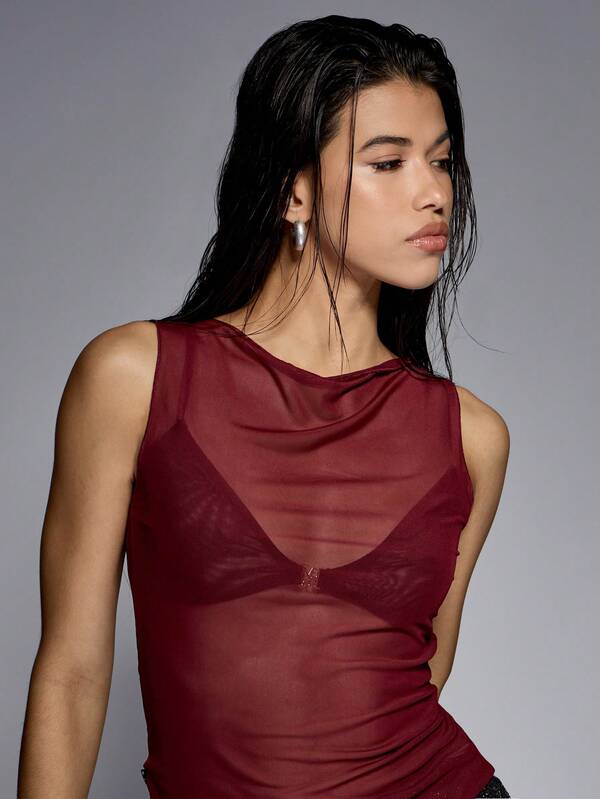 MISSGUIDED Mesh Overlay Sleeveless Tank Top With Fitted Design