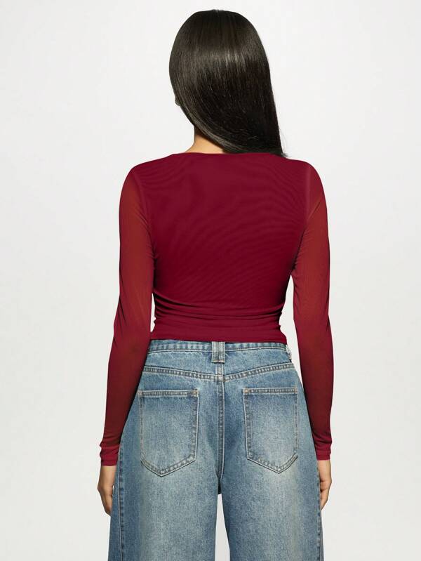 MISSGUIDED Mesh Sleeve Sparkly Slim Fit Crop Top