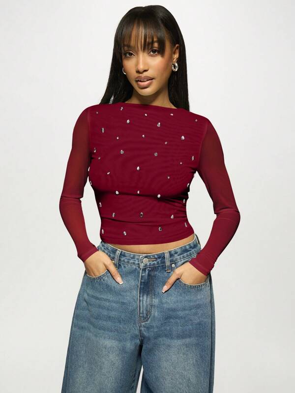 MISSGUIDED Mesh Sleeve Sparkly Slim Fit Crop Top