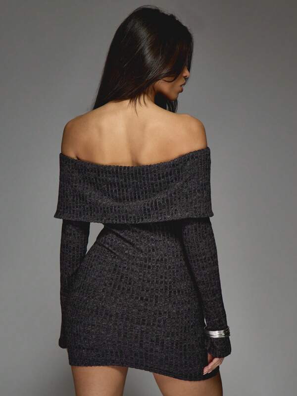 MISSGUIDED Metal Detail Rib Knit Flap Off-Shoulder Long Sleeves Bodycon Mini Dress
