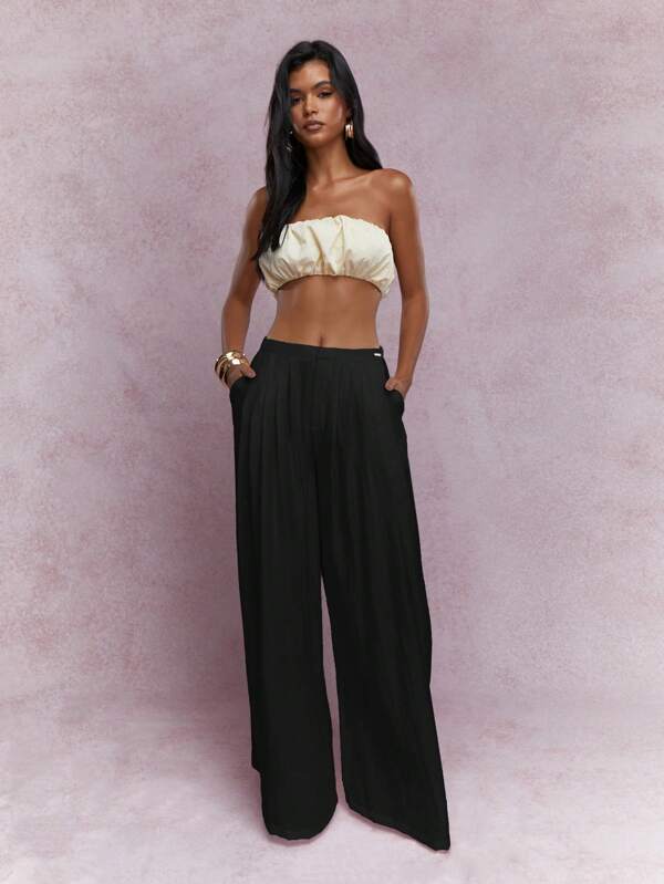 MISSGUIDED Metal Logo Label Pleated Wide Leg Pants Business Casual Outfit