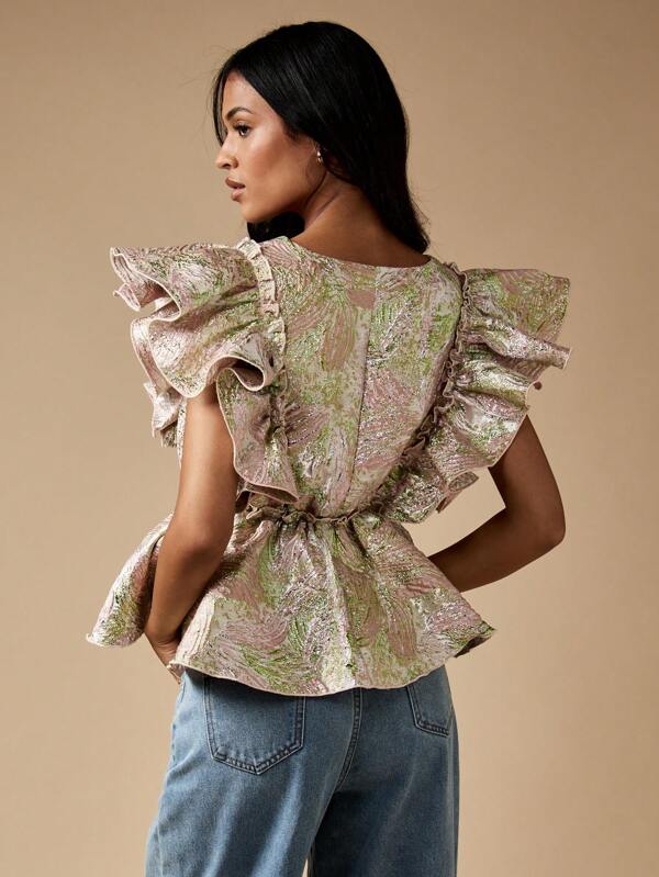 MISSGUIDED Metallic Brocade Plunge Neck Top With Ruffle Details