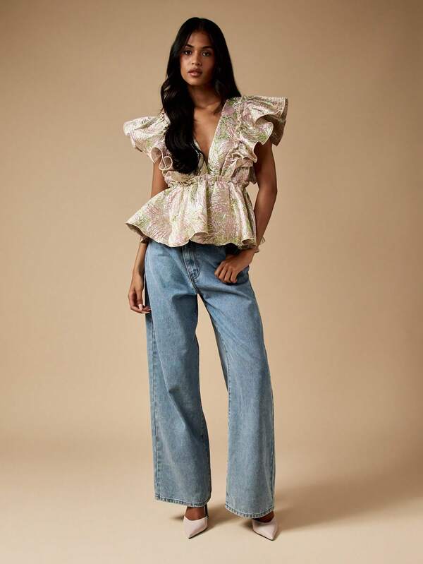MISSGUIDED Metallic Brocade Plunge Neck Top With Ruffle Details