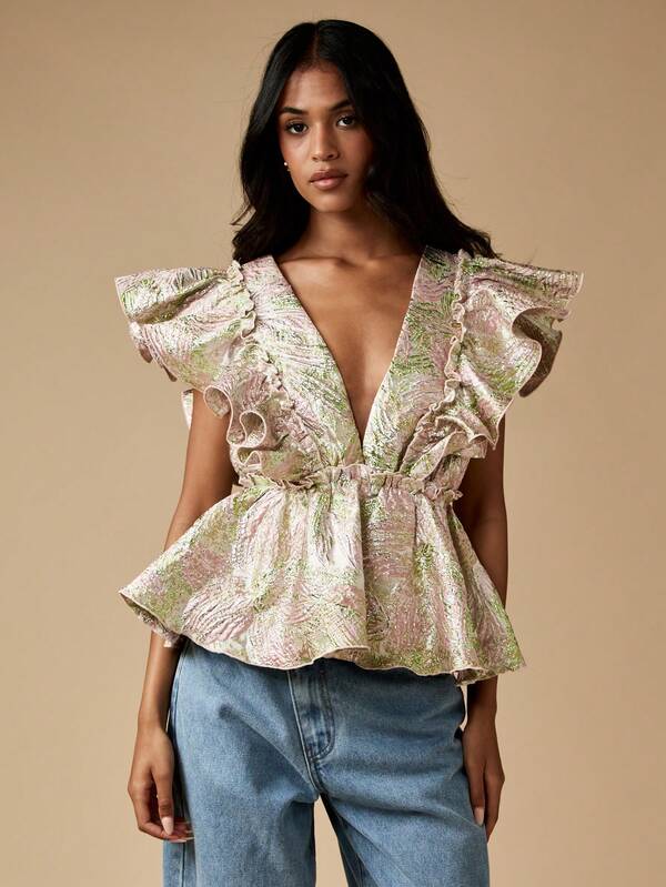MISSGUIDED Metallic Brocade Plunge Neck Top With Ruffle Details