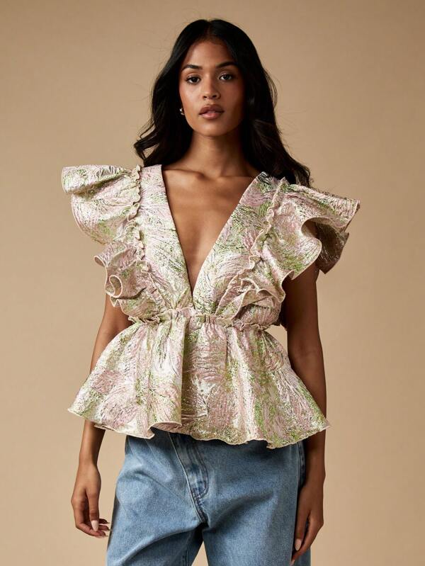 MISSGUIDED Metallic Brocade Plunge Neck Top With Ruffle Details
