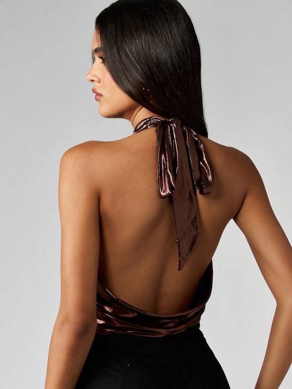 MISSGUIDED Metallic Cowl Neck Halter Top