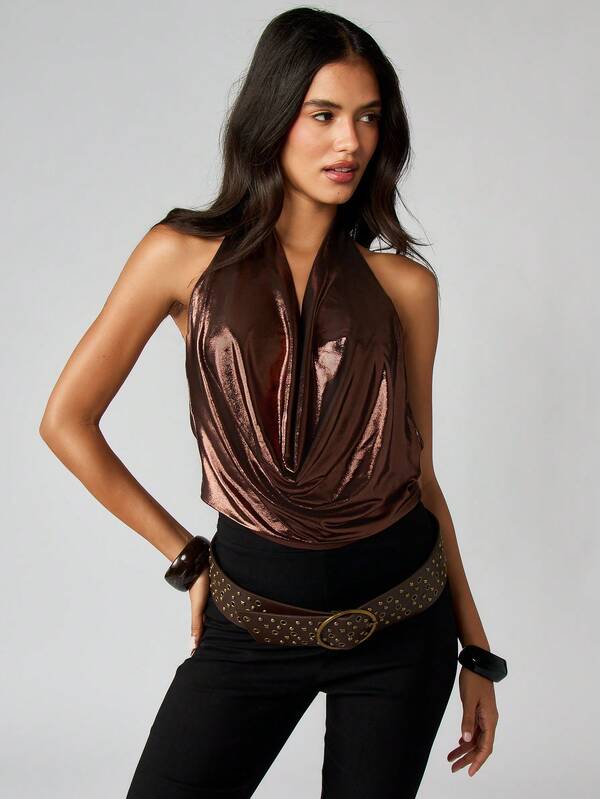 MISSGUIDED Metallic Cowl Neck Halter Top