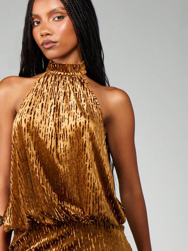 MISSGUIDED Metallic Halter Neck Mini Dress With Fringe