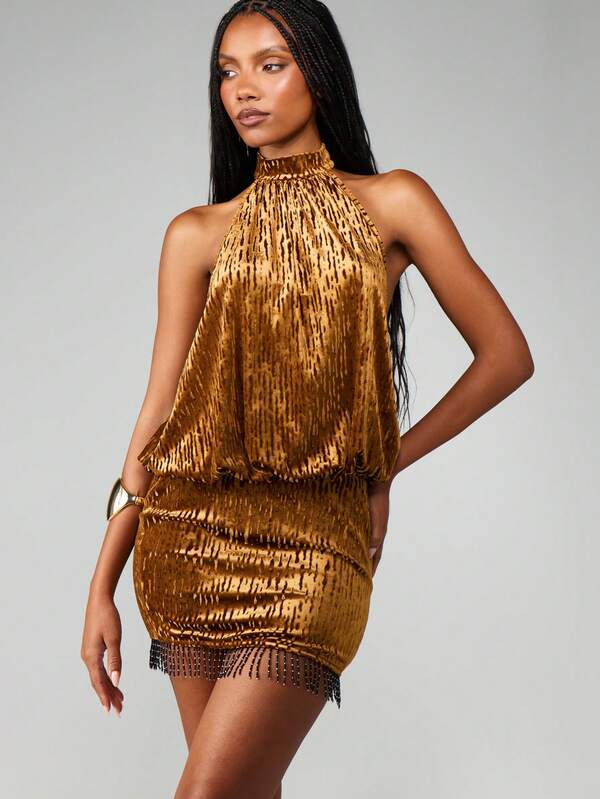 MISSGUIDED Metallic Halter Neck Mini Dress With Fringe