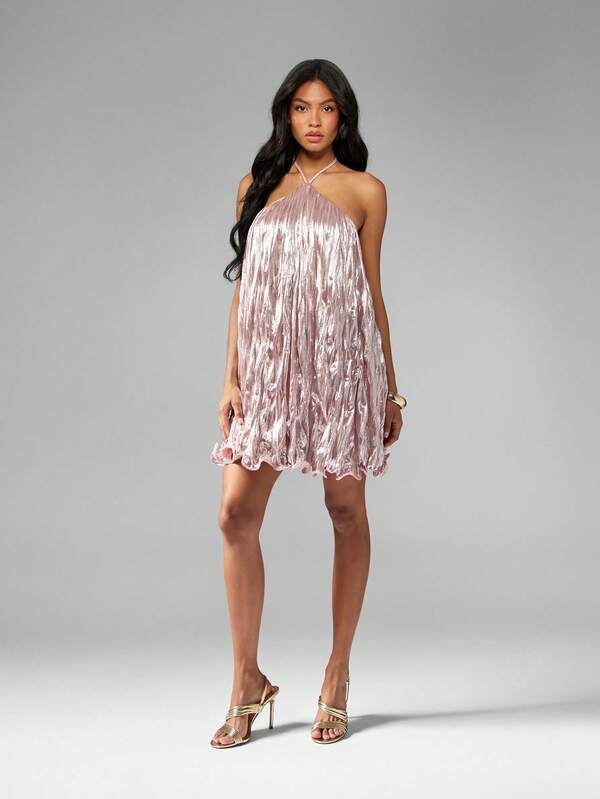 MISSGUIDED Metallic Pleated Mini Dress With Halter Neck And Ruffle Hem