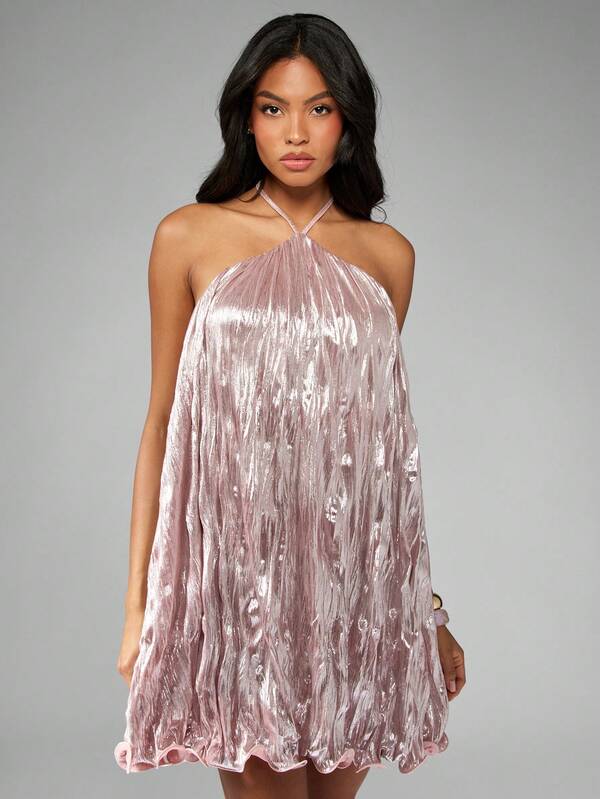 MISSGUIDED Metallic Pleated Mini Dress With Halter Neck And Ruffle Hem