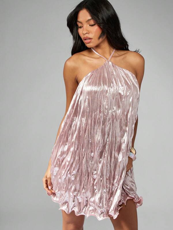 MISSGUIDED Metallic Pleated Mini Dress With Halter Neck And Ruffle Hem