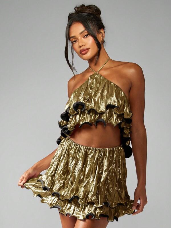 MISSGUIDED Metallic Ruffle Layered Halter Top And Mini Skirt Set