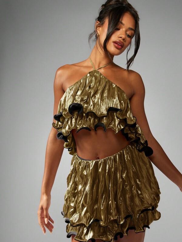 MISSGUIDED Metallic Ruffle Layered Halter Top And Mini Skirt Set