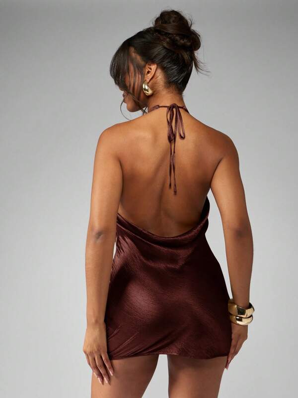 MISSGUIDED Metallic Satin Halter Neck Backless Mini Dress