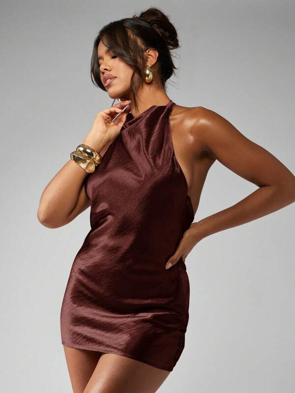 MISSGUIDED Metallic Satin Halter Neck Backless Mini Dress