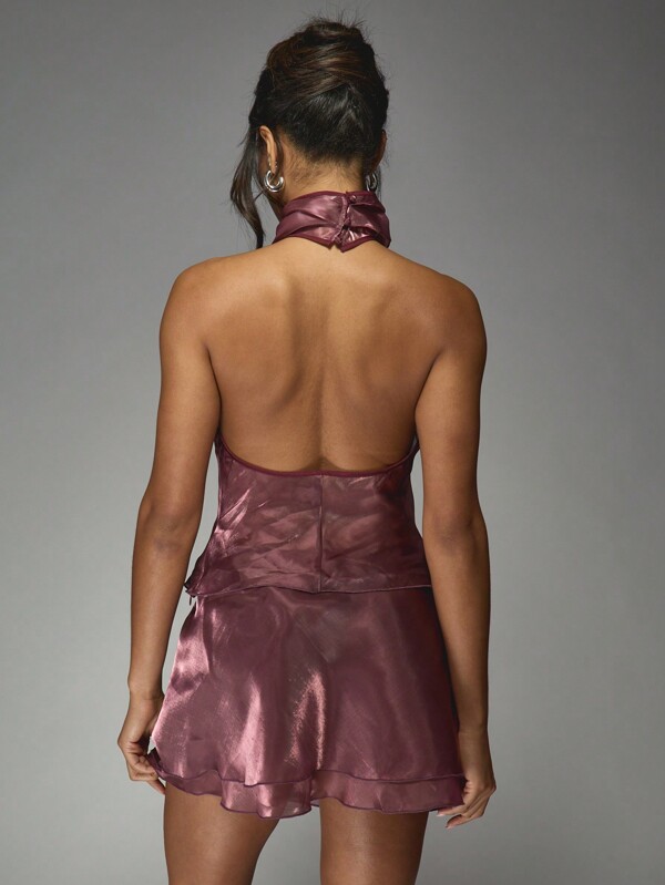 MISSGUIDED Metallic Satin Halter Top With Ruffled Mini Skirt