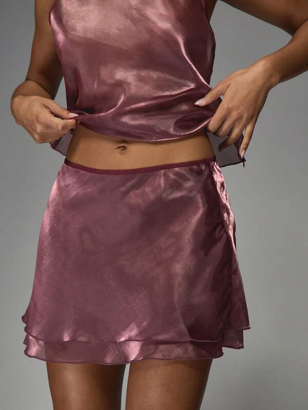 MISSGUIDED Metallic Satin Halter Top With Ruffled Mini Skirt