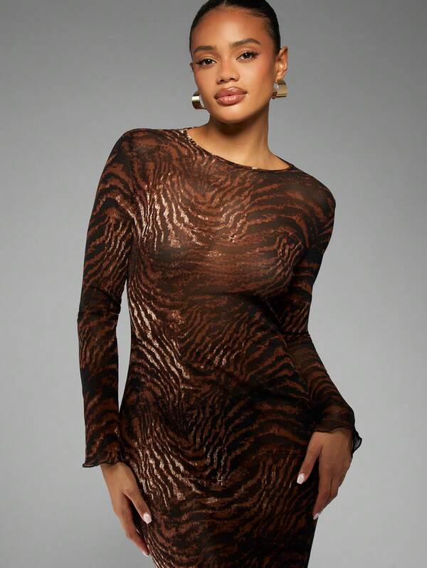 MISSGUIDED Metallic Tiger Print Mesh Maxi Dress With Long Sleeves