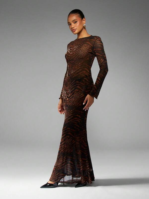 MISSGUIDED Metallic Tiger Print Mesh Maxi Dress With Long Sleeves