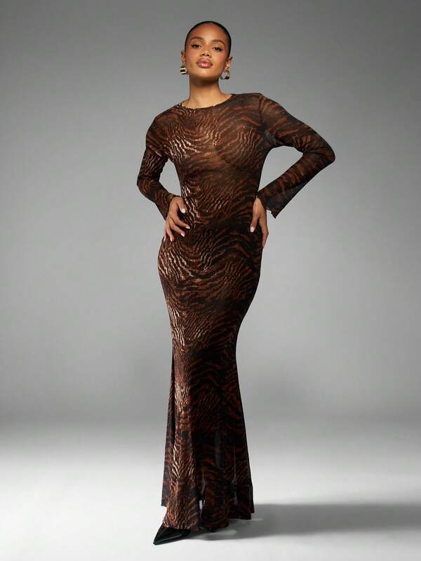 MISSGUIDED Metallic Tiger Print Mesh Maxi Dress With Long Sleeves