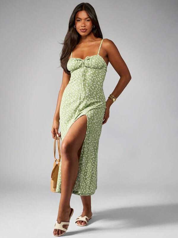MISSGUIDED Milkmaid Bustier Floral Print Slit Midi Dress