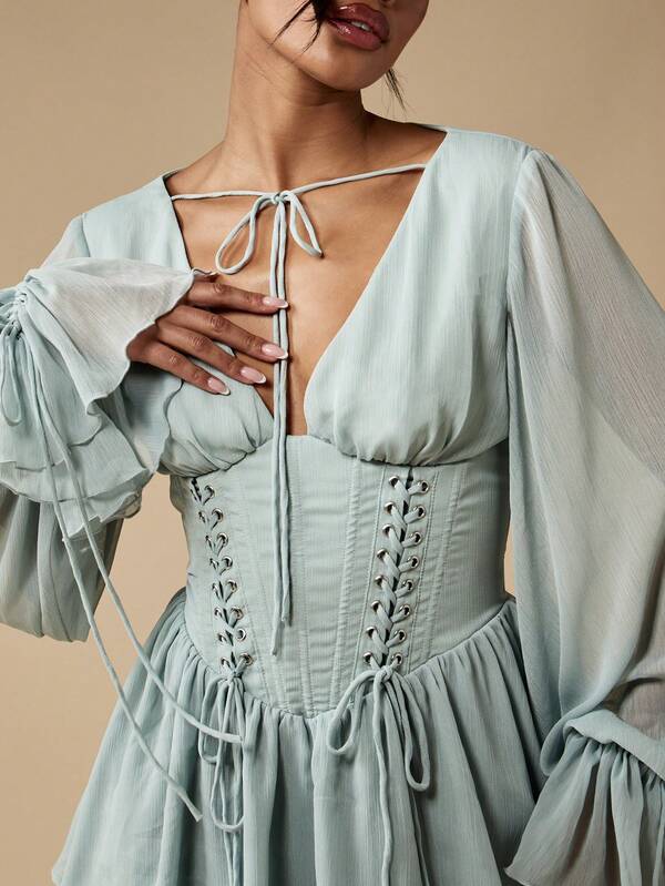 MISSGUIDED Milkmaid Puff Sleeve Corset Back Women Mini Dress