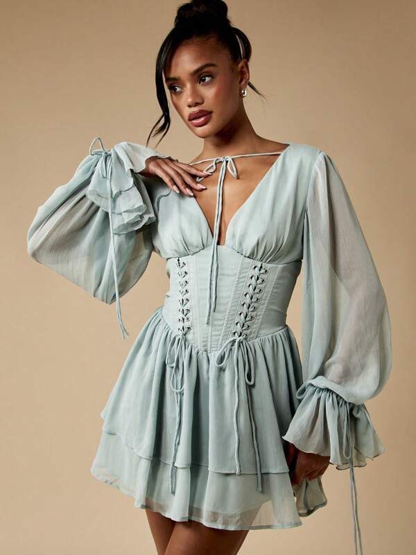 MISSGUIDED Milkmaid Puff Sleeve Corset Back Women Mini Dress