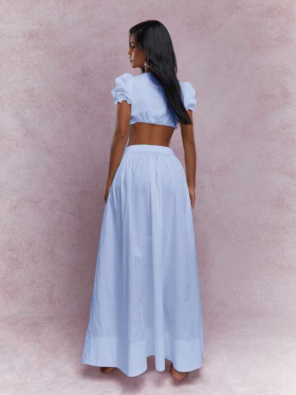 MISSGUIDED Milkmaid Puff Sleeve Crop Top High Waist Maxi Skirt Two Piece Outfit