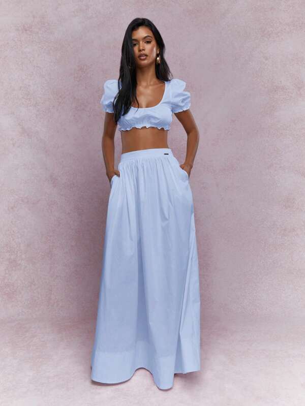 MISSGUIDED Milkmaid Puff Sleeve Crop Top High Waist Maxi Skirt Two Piece Outfit