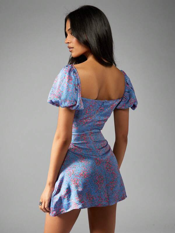 MISSGUIDED Milkmaid Puff Sleeve Mini Dress With Floral Print