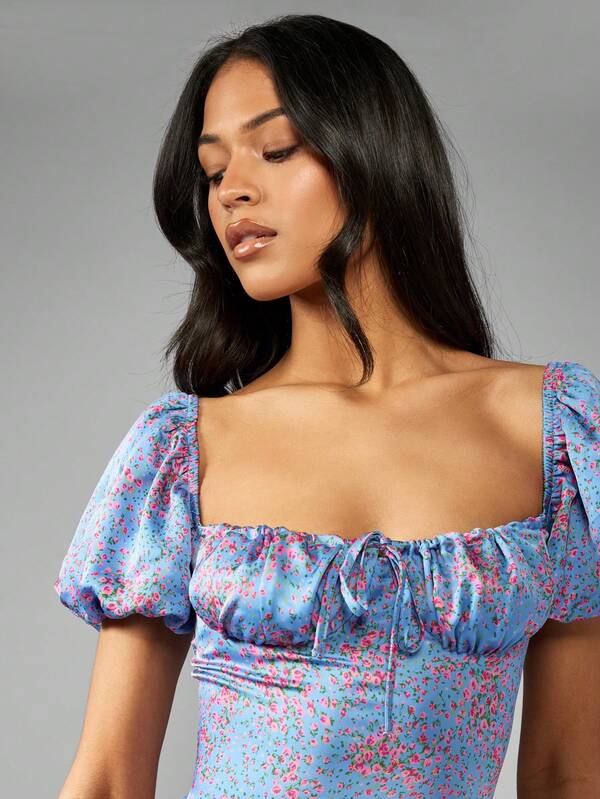 MISSGUIDED Milkmaid Puff Sleeve Mini Dress With Floral Print