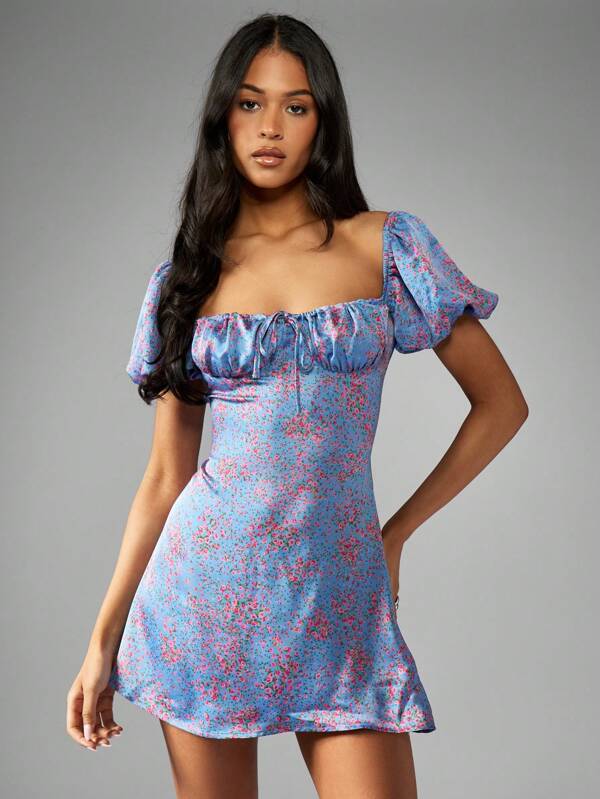 MISSGUIDED Milkmaid Puff Sleeve Mini Dress With Floral Print