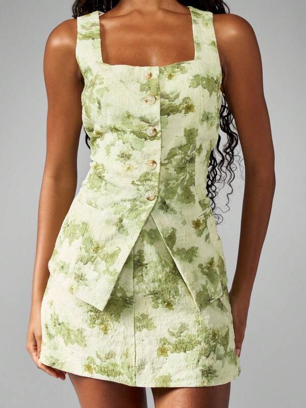 MISSGUIDED Mini Coord Set Button Through Square Neck Watercolor Print Two Piece Outfits