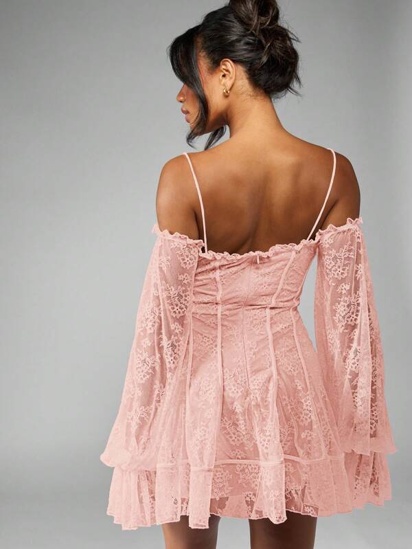 MISSGUIDED Mini Dress Features Ruffled Lace Balloon Sleeves And Bardot Neckline