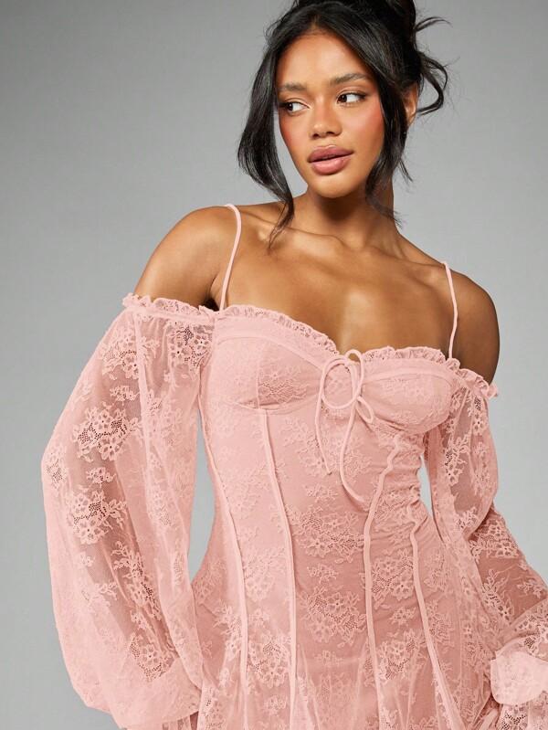 MISSGUIDED Mini Dress Features Ruffled Lace Balloon Sleeves And Bardot Neckline