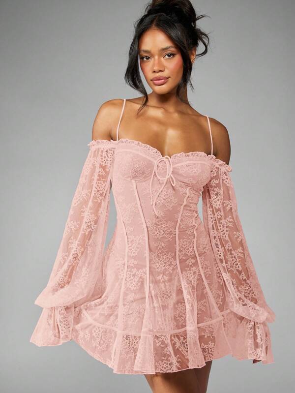 MISSGUIDED Mini Dress Features Ruffled Lace Balloon Sleeves And Bardot Neckline