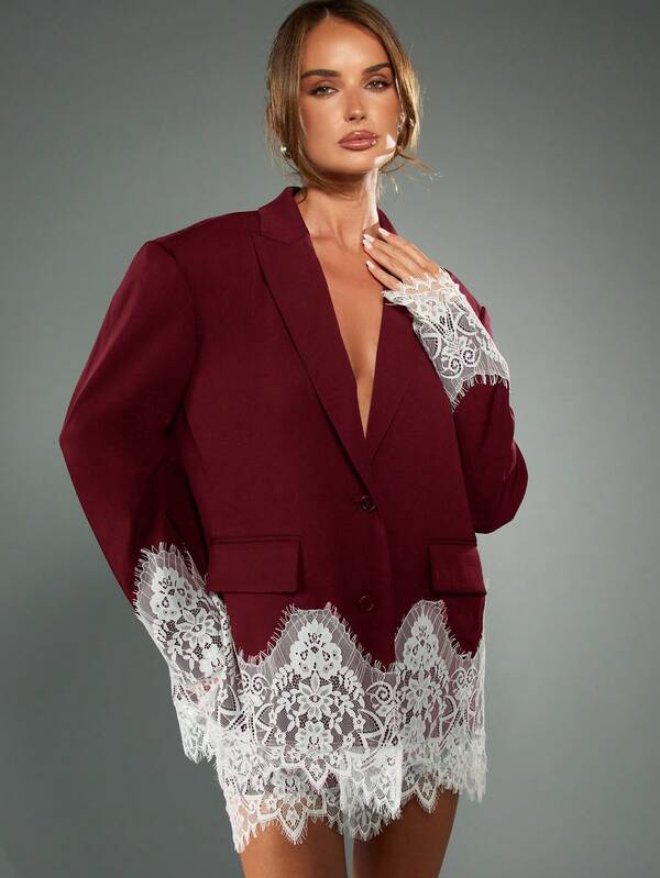 MISSGUIDED Blazer With Lace Trim Hem