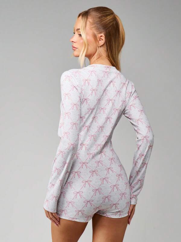 MISSGUIDED Bow Print Long Sleeve Romper