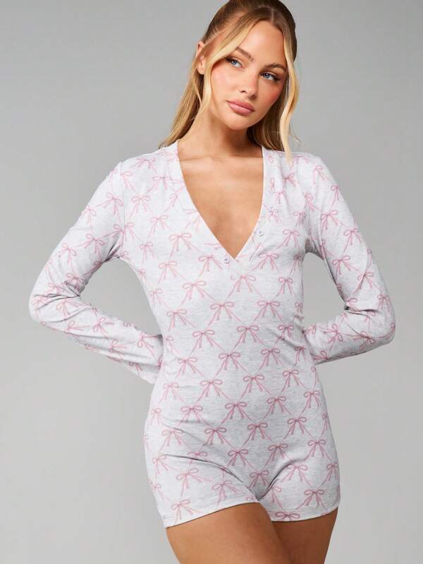 MISSGUIDED Bow Print Long Sleeve Romper
